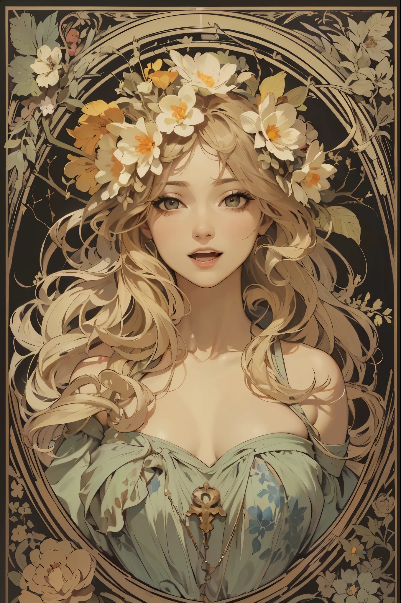 black tone:1.2,Alphonse Mucha ,(masterpiece,best quality),(high-res,detailed),(poster),flat shading:1.4,detailed body,(detailed face)),open mouth,laugh:1.2,smiling:1.8,
blonde hair,Botanical art,Floral art,big tits,bare shoulders,,open cross:1.5,long eyelashes:1.5,small face:1.5,