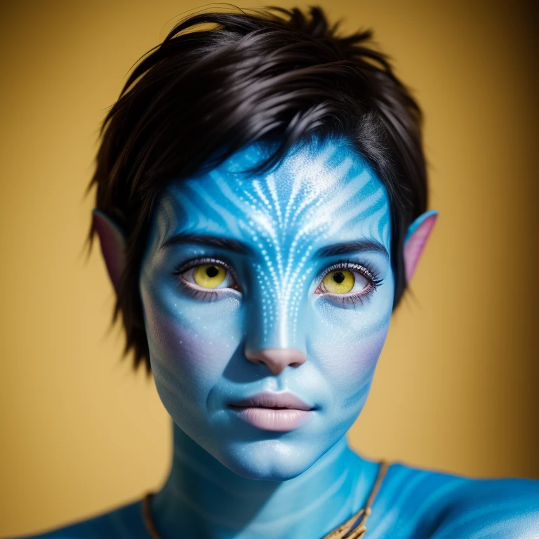 avatar style, portrait:1.6, 1girl, female, (blue skin tone:1.0), (short hair:1.0), one pair of pointy ears:1, pixie cut hairstyle, dark brown hair color, 18 years old:1, face wrinkles, wearing tribal clothing, wearing a top:1, detailed eyes, toned body, muscled body, glowing, ethereal atmosphere, dreamy lighting, otherworldly beauty, (best quality, highres), ultrarealistic, skin details, striped skin, sfw, ultradetailed body, simple background:1, avtr