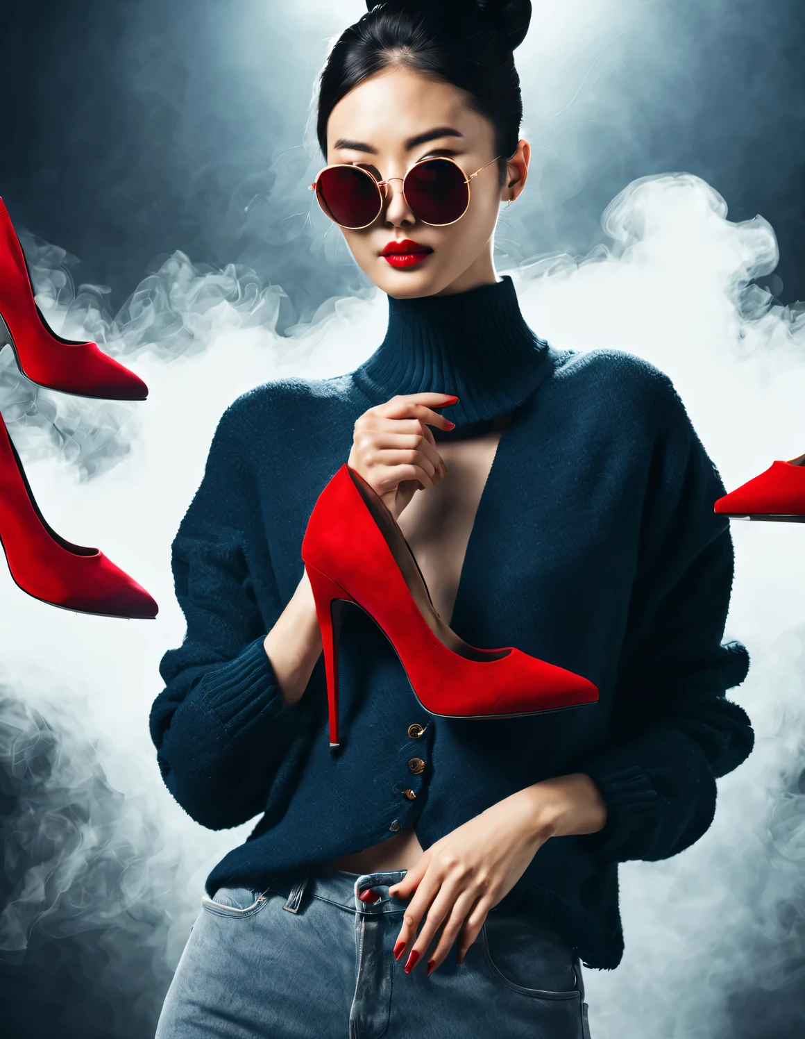 (character idea), (Half-length close-up), (Beautiful Chinese girl holds up one of her red high heels: 1.3), (Wearing large sunglasses，tie your hair into a bun: 1.2), A combination of classic and modern, Dark blue and brown sweater, jeans, scarf, Matching jackets with fashionable clothing, grace, Girl&#39;s skin is fair, flawless and smooth, high nose bridge, Head up posture, sad but beautiful, slender figure, Exquisite facial features,
swirling fog illustration, ink painting, black hair, A ball head, proudly, Surrealism, contemporary art photography, action illustration, abstract expressionism, Pixar, depth of field, motion blur, backlight, radiation, decline, Head up angle, Sony FE General Manager, ultra high definition, masterpiece, precise, textured skin, Super details, high detail, high quality, Award-winning, best quality, grade, 16k, Photographed from a bottom-up angle,