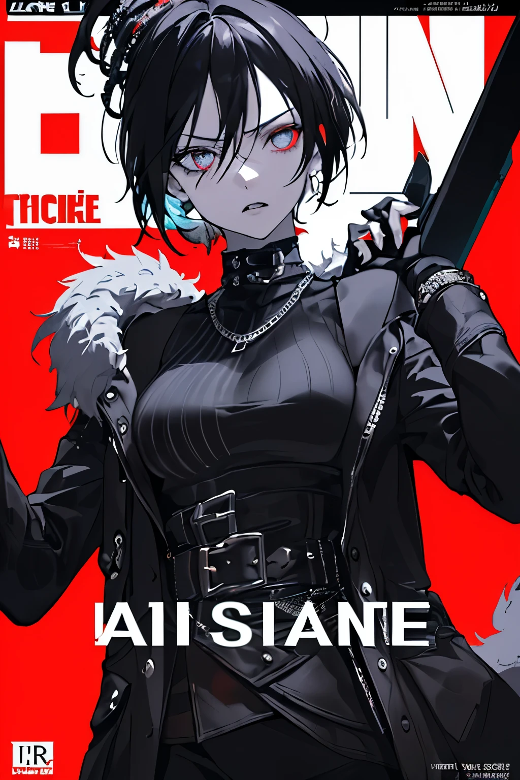 1 girl, Red eyes, very Short hair, black choker, lipstick, cowboy shot, smile, black hair, female , tomboy Pixie haircut, bandeau, dress, stockings, cowboy shot