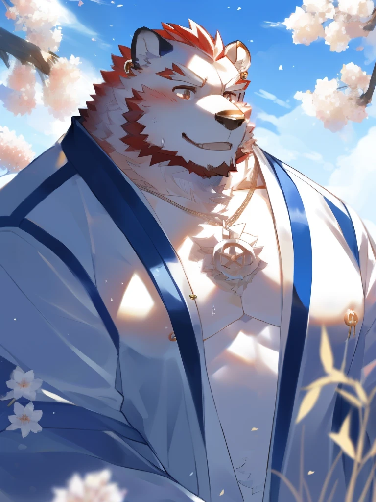 (morning), 1volibear, 独奏, 看着观众, summer, smile,肌肉男，beard,middle-aged，white fundoshi,((open)  kimono)，Chinese traditional clothes,close-up,stud earrings,nipple ring,sweat,majestic,brutal,confident,strong,cherry blossoms,in the lake,kneel down