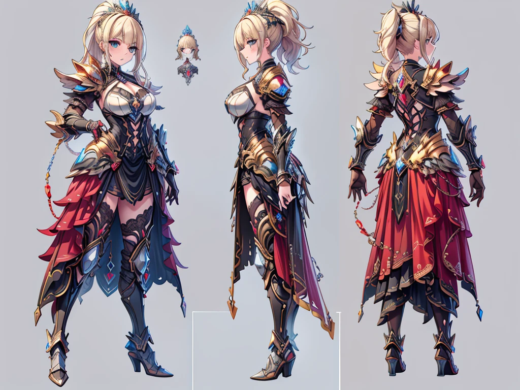 ((three-sided view, front view, side view, back view, multiple views, multiple poses and expressions, many parts)), concept art, character concept art, character sheet, Full body, illustration, (simple background, gray background), 1 character, 1girl, fantasy art, a female knight in metal armor, red_outfit, white_armor,cropped shoulders armor, plate armor, armor dress,gauntlets, Blonde hair,high ponytail,Blue eyes,ruby tiara,cleavage, thighs, thighhighs, weapon,LnF