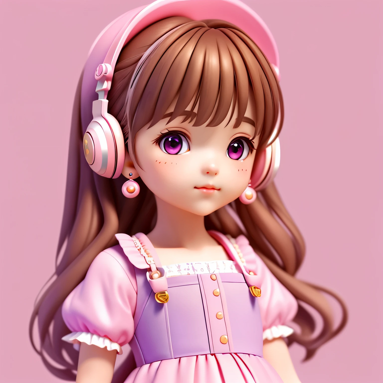 (Highly detailed CG Unity 8K wallpaper, masterpiece, highest quality, Super detailed), (brown hair) (better lighting, better shadow, very delicate and beautiful), floating, [ earrings, (pink: 1.5|lilac: 1.2) Pig tail hair with kitten headphones, (pink: 1.3) pink overalls) :: 0.8]