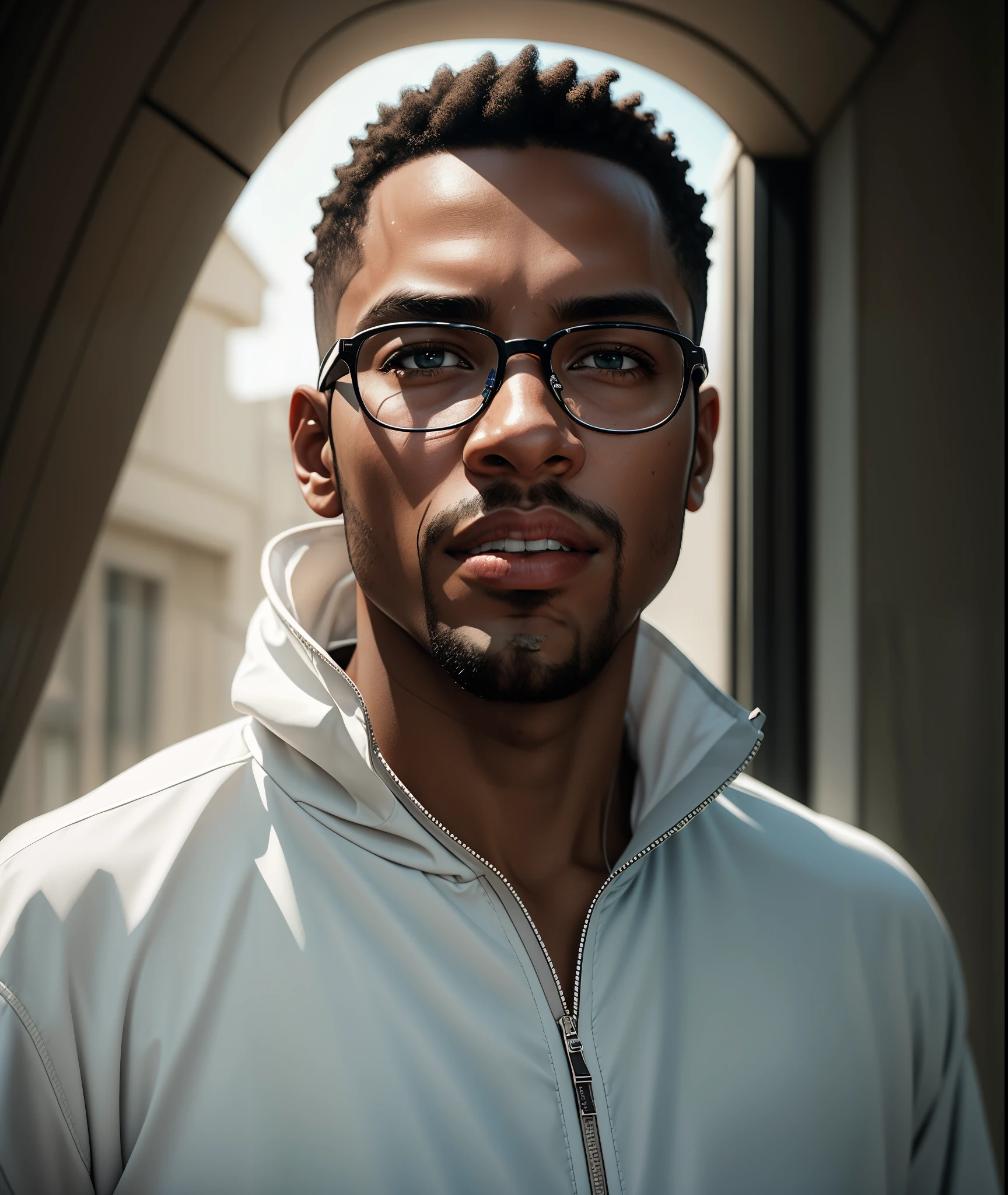 black man wearing glasses and a white windbreaker hoodie, no facial hair, RAW, Masterpiece, Super Fine Photo, Ultra High Resolution, Photorealistic, Sunlight, Full Body Portrait, in the style of mecha sci-fi anime, 8k, best quality, highres, Unreal Engine:1.4,Ultra-realistic 64K CG, Photorealista:1.4, Skin Texture:1.4, Volumetric fog, 8k uhd, dslr, high quality, film grain, fair skin, photorealism, lomography, translucent
