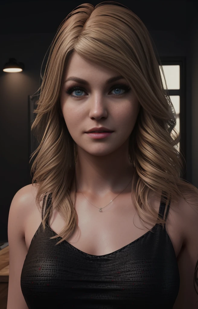 portrait, closeup of eyes, Katedbdl2023, black tank top, 1girl, 8k, uhd, trending on arstation, best quality, masterpiece, wavy hair, blonde hair, skin pores, modelshoot, cinematic lighting, dramatic scene, face portrait, headshot, photorealistic, long hair