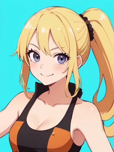 masterpiece, best quality, mary saotome, looking at viewer, small breasts, upper body, portrait, looking at viewer, seductive smile,both hands raised, armpits, armpits visible, sweaty armpits, twintail yellow hair