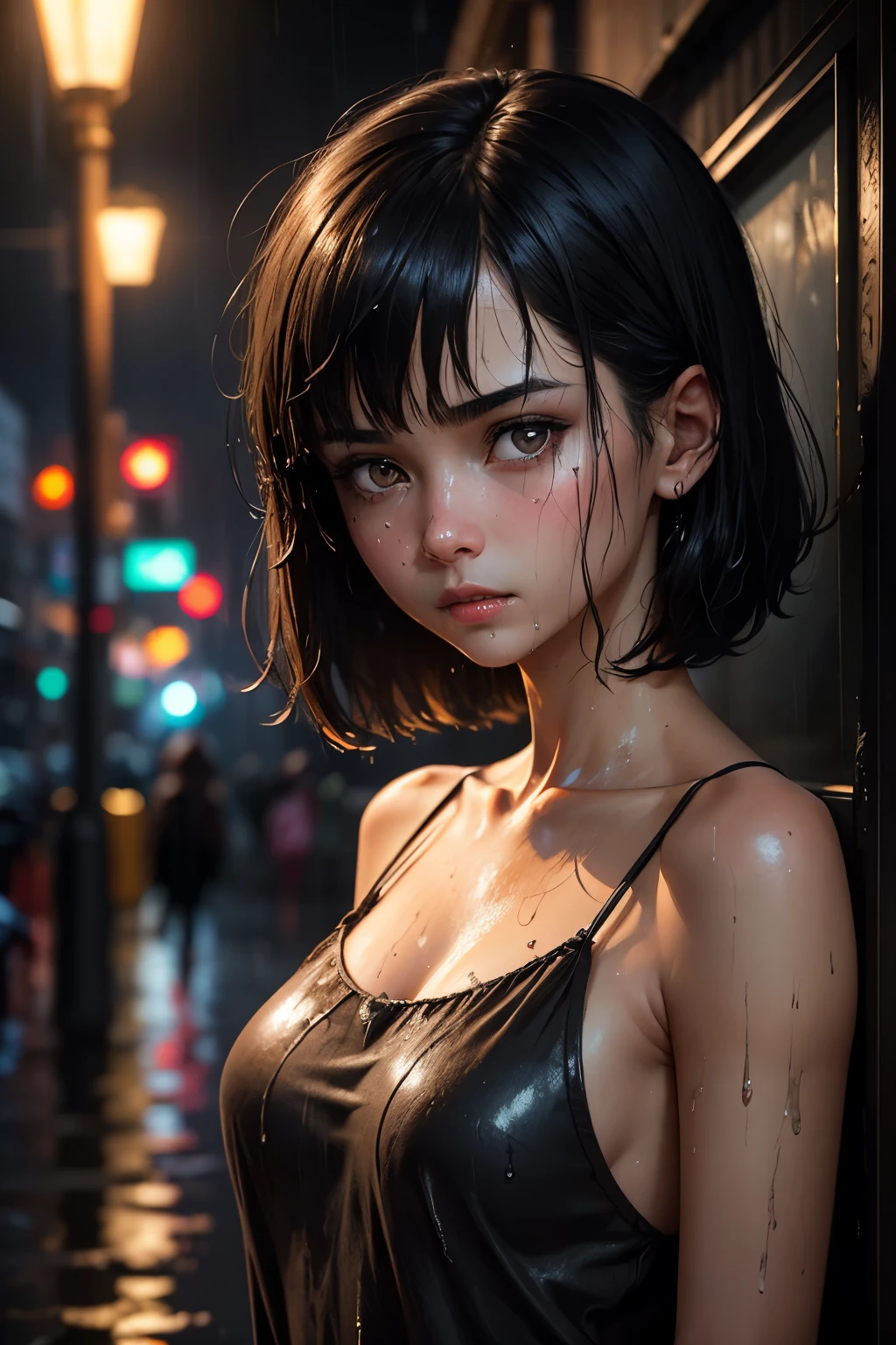 1girl, black hair, straight hair, her eyes wide with a surprised look, sad expression, short hair, wolfcut hair, upper body, close up, slum, dirty, wet, dripping, wet dress, wet hair, rainy, night light, dramatic lighting, night, dounpour,
