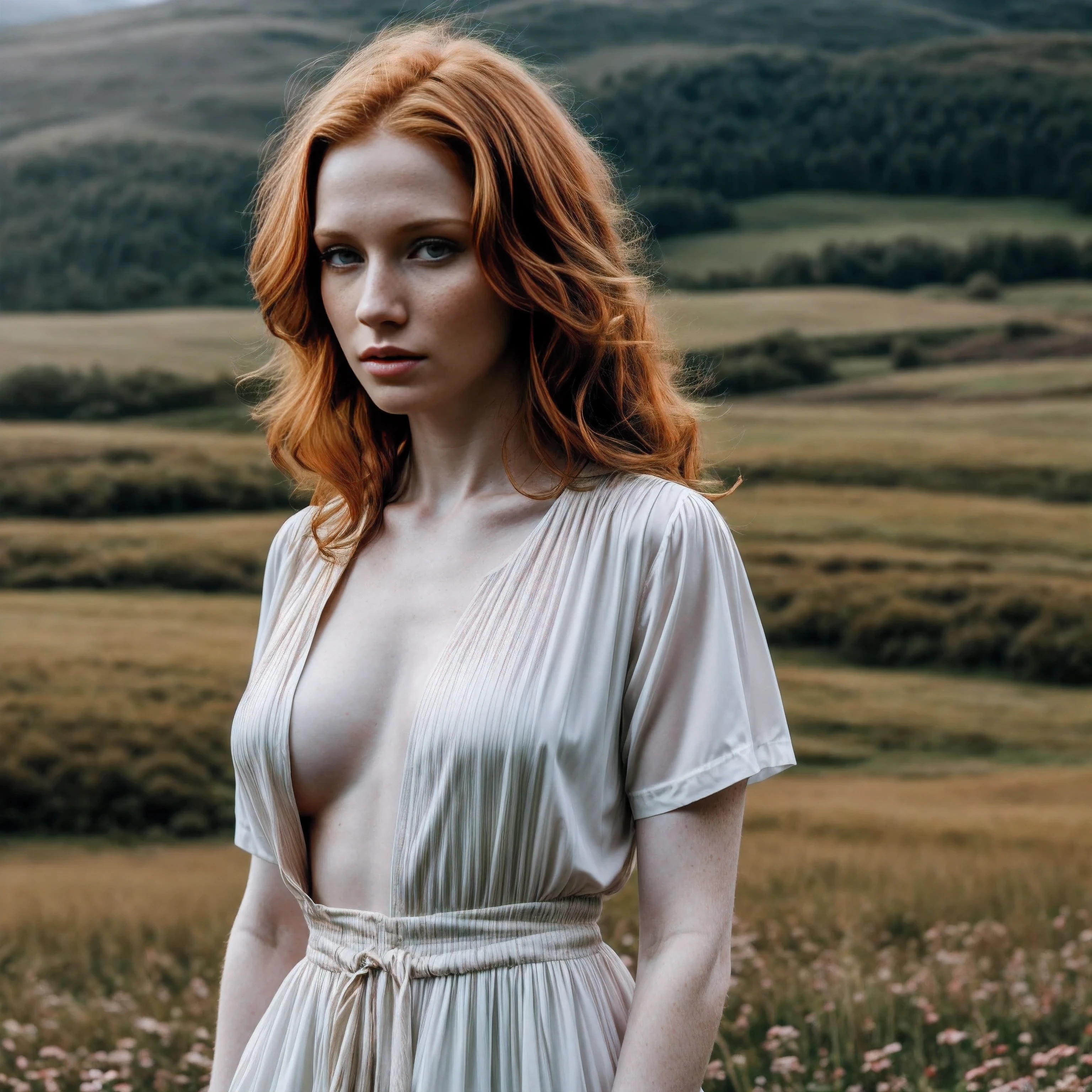 1woman in, age35, Solo, Aesthetic artwork, irish redhead, wavy ginger hair, shoulder length ginger hair, some small freckles, pale skin, small breasts, runners body, fullbody shot, imperfect skin, goosebumps, ager fashion, beautiful nature location, around flower location, (extremely detailed 8k wallpaper), soft lighting, high quality, film grain, Fujifilm XT3 sharp focus, f 5.6, 50mm, High Detail, Sharp focus,(natural light), (seductive), Realistic, ultra realistic, photo realistic, crazy details, complex details, hyper detailed,