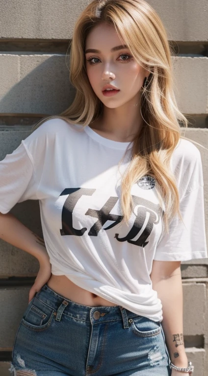 (1girl: 1.5), Large breasts: 1.7, Bare breasts: 1.4, Tan: 1.2, Dewy skin: 1.3, Sweaty skin: 1.1, Wavy blonde hair: 1.6, Punk t-shirt: 1, Punk girl: 1.1, Grunge aesthetic: 1.2, Rebel attitude: 1.3, Distressed jeans: 1.1, Tattoos: 1.2, Band tees: 1.1, Edgy accessories: 1.4, Intense eyes: 1.5, Bold lips: 1.