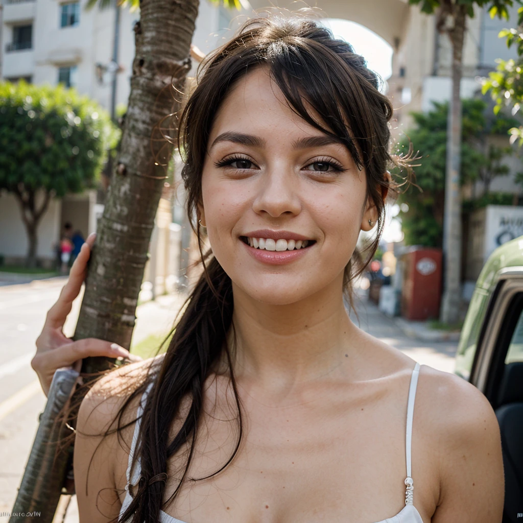 Young girl of 20 years, cabello claro ondulado, maquillaje suave sonriendo mostrando los dientes. Sexi, fondo en un auto.