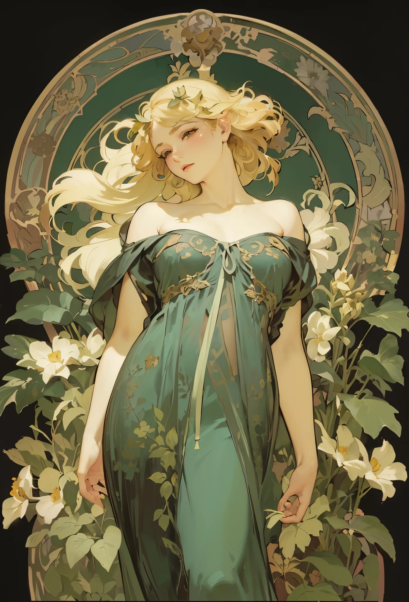 black tone:1.2,Alphonse Mucha ,(masterpiece,best quality),(high-res,detailed),(poster),flat shading:1.4,detailed body,(detailed face))
blonde hair,Botanical art,Floral art,big tits,bare shoulders,open cross:1.5,long eyelashes:1.5,small face:1.5,