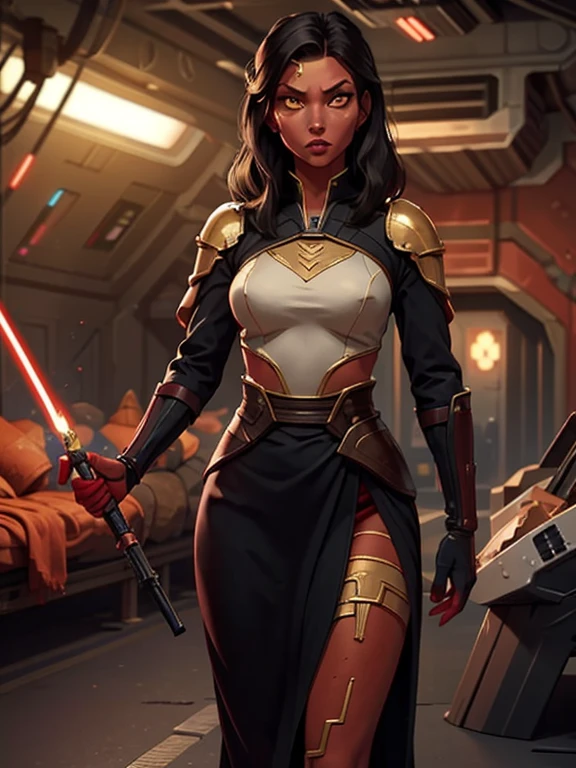 ((Masterpiece)), ((best quality)), ultra detailed,  ((red skin:1.3)), 1woman, (wearing armor over dark robes, black hair, golden eyes, slender body, thin, slim body, slim waist, medium breasts), Star Wars, imperial starship, cinematic lighting , sci-fi city, sfw,