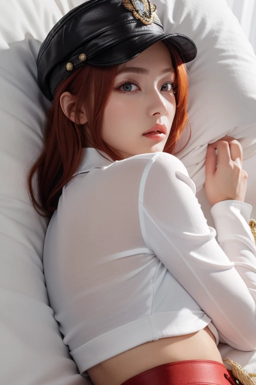 (masterpiece, best quality), Extreme close-up, from side, black gloves, black legwear, epaulettes, jacket on shoulders, open clothes, peaked cap, purple eyes, red hair, white shirt, white skirt, cold, lying on side,