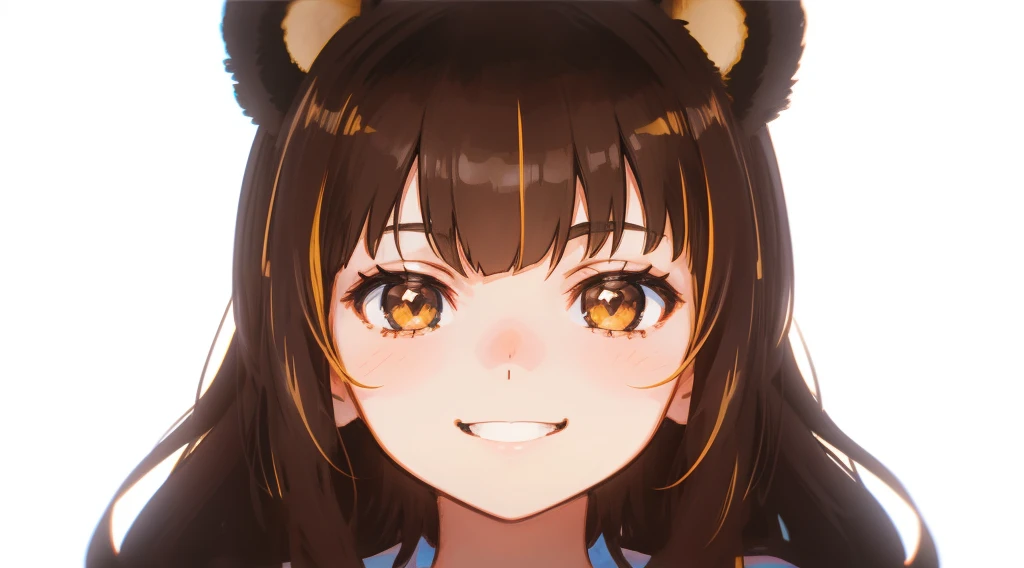 anime girl with brown hair and bear ears, smiling menacingly into the camera, dark dynamic lighting, high contrast