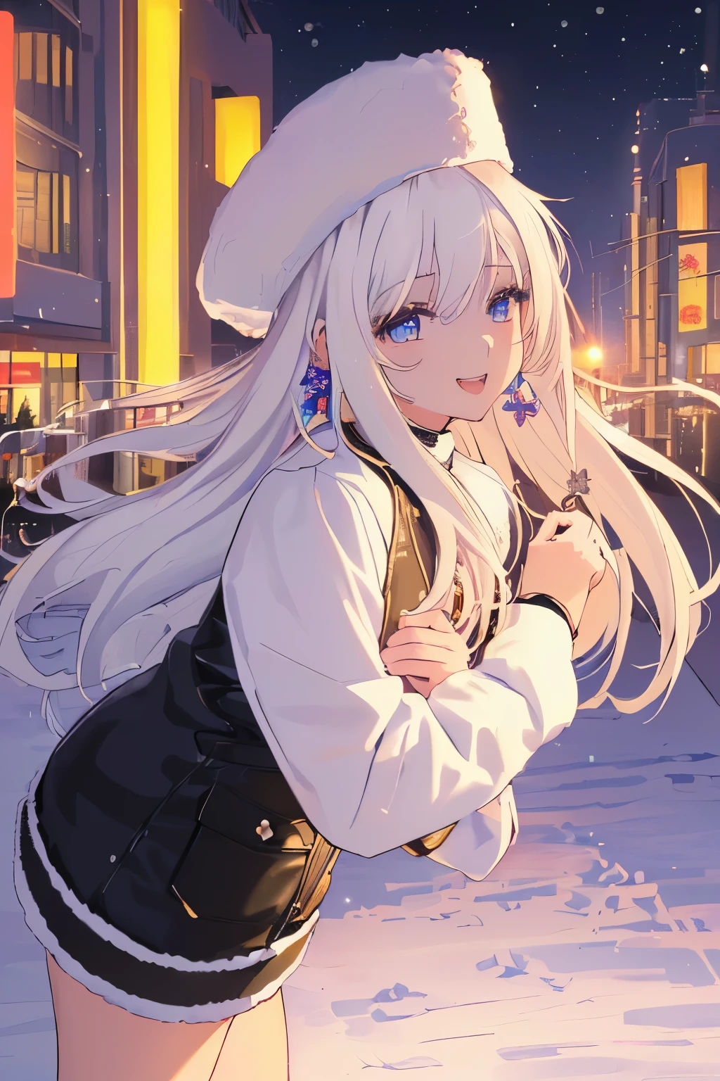Chica anime, ((Masterpiece), top-quality, Top image quality, ((((solo)))), ((((white hair)))), long hair, hime_cut, fur hat, Beautiful blue eyes, Shining eyes, happy, teens girl, 18yo, cute, black leather jacket, floral onepiece, earrings, sunset, neon light district,City at night, snow, winter, 8k