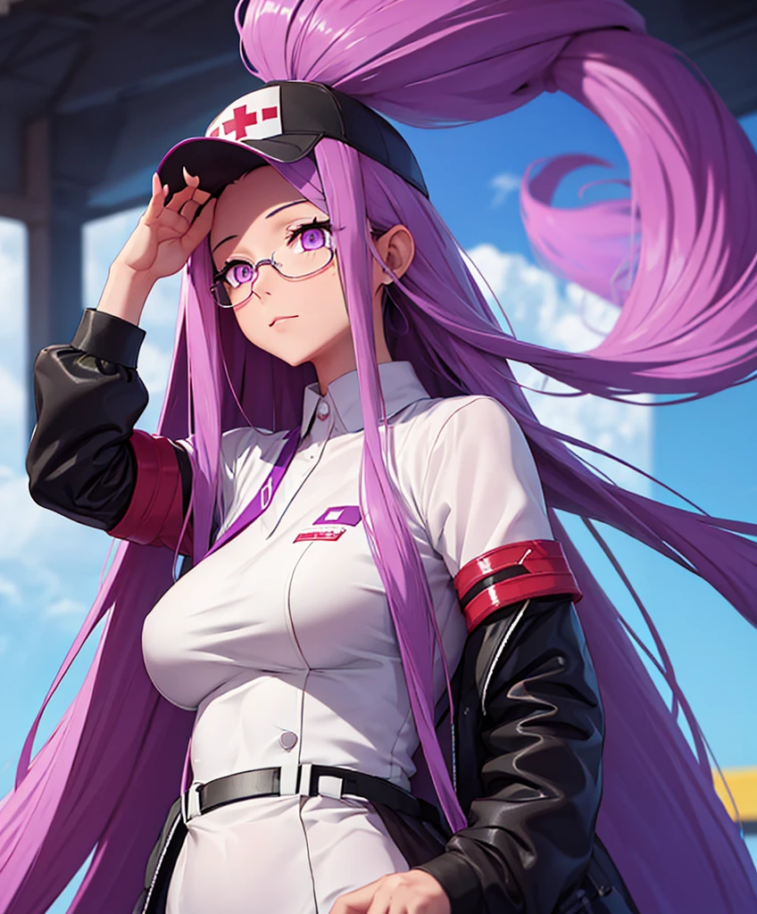 1girl, Best quality,Masterpiece,high resolution,Only, nurse, handsome,{Medusa_FGO:1.15},long_hair,purple_hair,very_long_hair,purple_eyes,blush_face,breasts,Big_breasts, nurse white, oficina