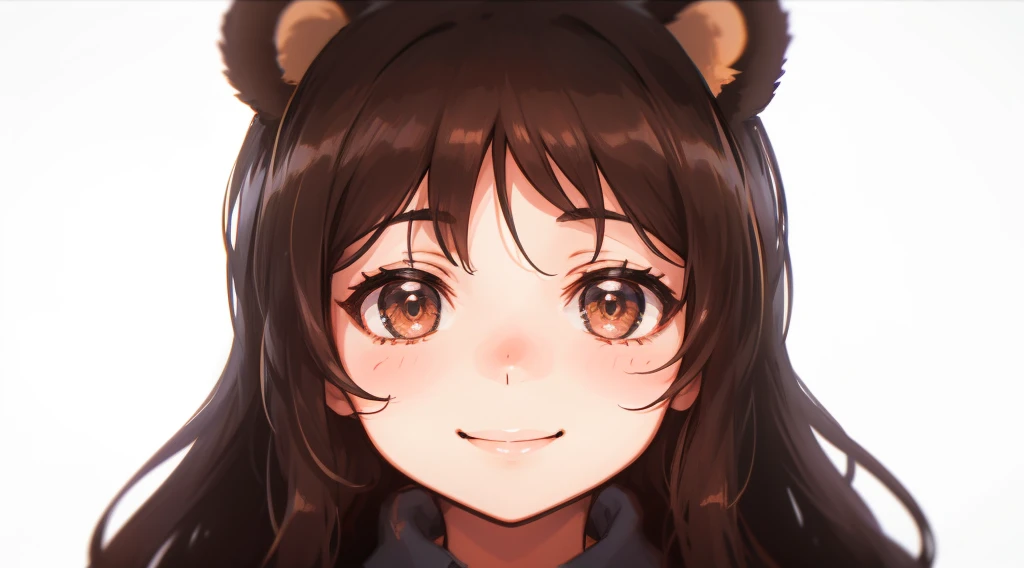 anime girl with brown hair and bear ears, smiling evily into the camera, dark dynamic lighting, high contrast, dark background