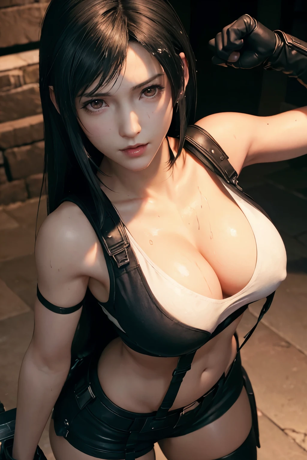 (Top Quality, Masterpiece: 1.1), (realisitic:1.3), BREAK (((FF7,Tifa_lockhart))),Ultra-detailed face, Detailed RED eyes,black Brown Hair, (Large breasts: 1.2),(A dark, old ruins:1.3,wet,dark), BREAK (((FF7,Tifa_lockhart))),(Tifa_lockhart is cop,wearing police uniform:1.5,police jaket,police cap),(No Bra) (No Panties) (Small and beautiful hard nipple), (shiny oiled skin: 1.1), about 18 years old, (face focus:1.0),strong will,sexy pose