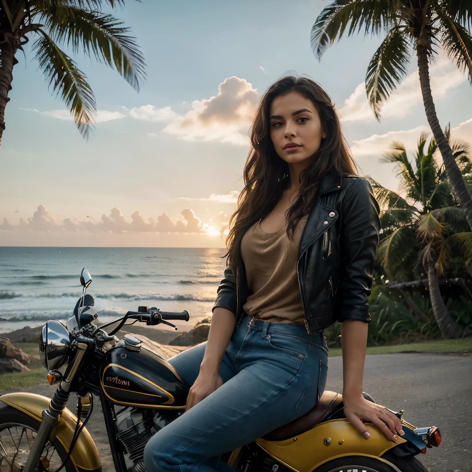 (best quality,4k,8k,highres,masterpiece:1.2),ultra-detailed,(realistic,photorealistic,photo-realistic:1.37),latin indian mix lady,motorbike,beautiful detailed eyes,beautiful detailed lips,dark wavy hair,fierce expression,wearing a black leather jacket and denim jeans,sitting confidently on a vibrant red vintage motorbike,posed at a scenic coastal road,overlooking the crashing waves and breathtaking sunset,expressing a sense of freedom and adventure,stunning landscape in the background,with tall palm trees and lush greenery,emitting warm golden light,emphasizing the lady's bold presence,creating a cinematic atmosphere,vibrant colors with a touch of vintage film aesthetics,accentuating the romantic and mysterious vibe of the scene,soft and warm lighting,casting a gentle glow on the lady's face and the surrounding environment,creating a sense of nostalgia and tranquility.
