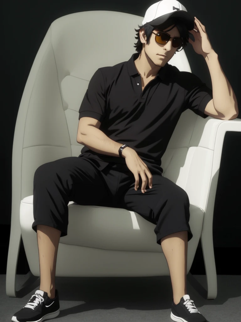 Create a 30 illusion for a WhatsApp profile picture where a boy in a black shirt sits casually on a Wingback Chair. Wearing sneakers, a black cricket cap, and sunglasses, he looks ahead. The background features "kunal" in big and capital white fonts on the black wall. There should not be his shadow, and there are wings to make it appear as if he is an angel