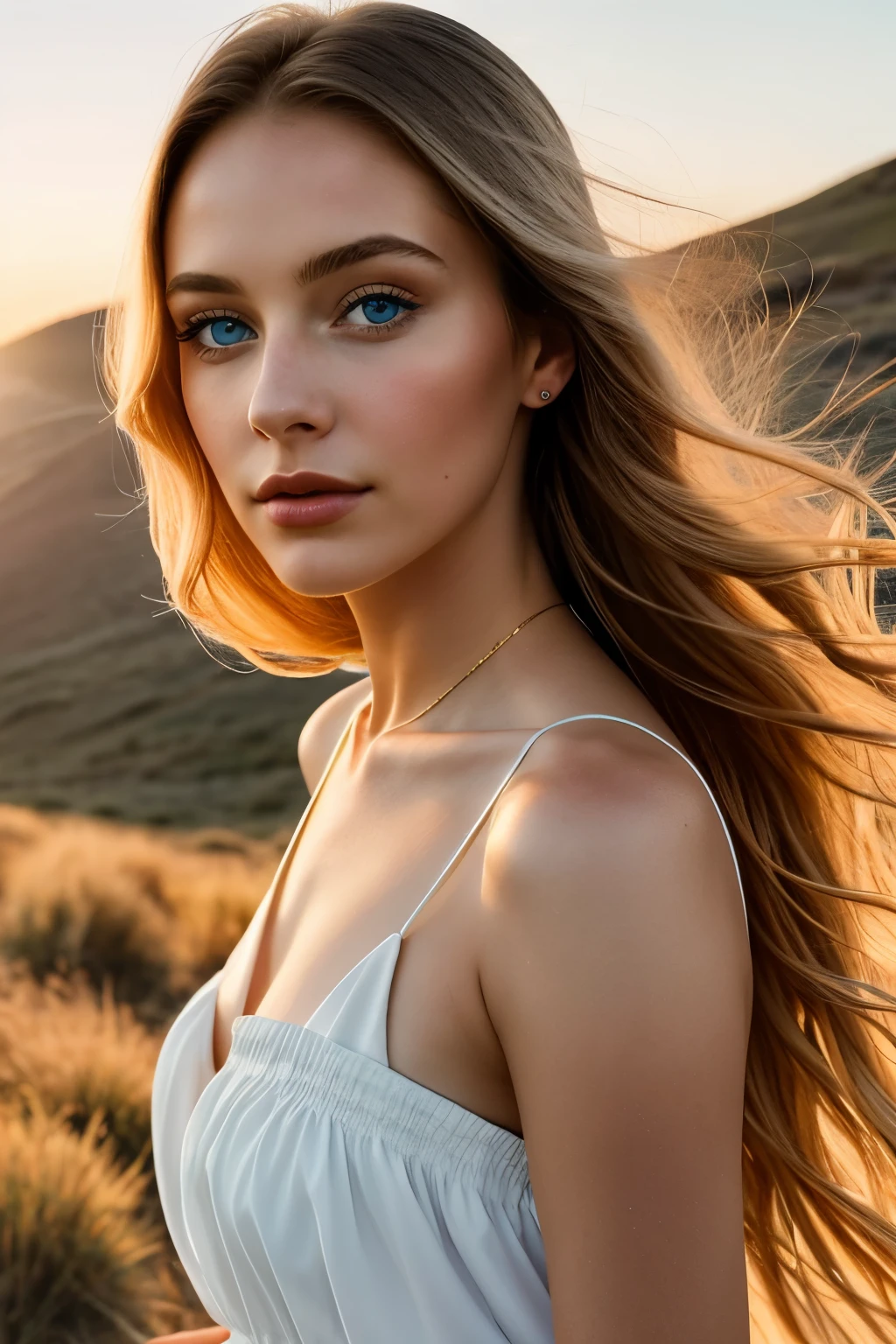 Generates a detailed image of a young, elegant 21-year-old woman with her hair gathered, showcasing her natural beauty. Her blue eyes mirrored a curious and determined gaze as she observed the horizon during a journey. The sunlight accentuated the smoothness of her flawless skin, highlighting the definition of her shapely lips. The expression on her face evoked a captivating mixture of amazement and serenity, embodying the spirit of adventure in full bloom during this particular expedition. Her dress flowed gently in the breeze, and the sun cast long, intriguing shadows across the landscape. The scene was captivating, with the golden hues of the sun and the