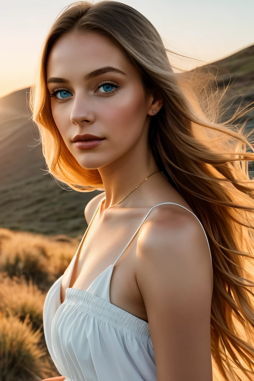 Generates a detailed image of a young, elegant 21-year-old woman with her hair gathered, showcasing her natural beauty. Her blue eyes mirrored a curious and determined gaze as she observed the horizon during a journey. The sunlight accentuated the smoothness of her flawless skin, highlighting the definition of her shapely lips. The expression on her face evoked a captivating mixture of amazement and serenity, embodying the spirit of adventure in full bloom during this particular expedition. Her dress flowed gently in the breeze, and the sun cast long, intriguing shadows across the landscape. The scene was captivating, with the golden hues of the sun and the