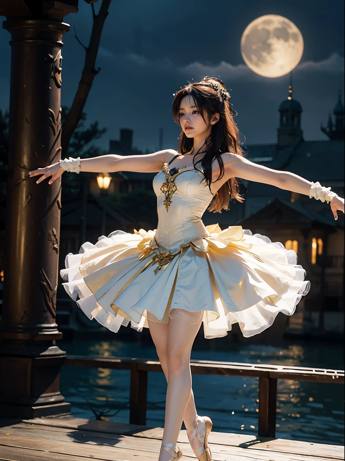 fantasy, high quality, 8K, realistic,photo realistic,RAW photo,photography,High resolution, ultra-definition, highest quality,Dramatic lighting, glitter effect, from below, midnight, moonlight, ballet、Swan Lake、深い森の中の湖、full body、((huge werewolf muscular beast)) from disney beauty and the beast, ,break,
神秘的な湖の上で月光を浴びて優雅にバレエを踊るプリマドンナの少女、Arabesque pose、孤独、1 girl、((luxurious and delicate white tutu)),semi-long hair,black hair,black eyes、綺麗な足、Ballet Pointe Shoes, 下から覗き見る、カメラを跨ぐ、