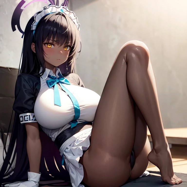 1girl, solo:1.2, karin kakudate, very dark skin, halo, very long hair, maid headdress, black dress, puffy short sleeves, blue ribbon, white apron:1.2, white gloves, barefoot, serious:1.2, closed mouth:1.2, yellow eyes, full body, sitting, white pantyhose:1.4, looking at viewer, looking back, office, huge breasts, embarrassed:1.1, blush, sweatdrop, suprised:1.2, v-shaped eyebrows:1.3, from behind, bent over, cameltoe:1.2