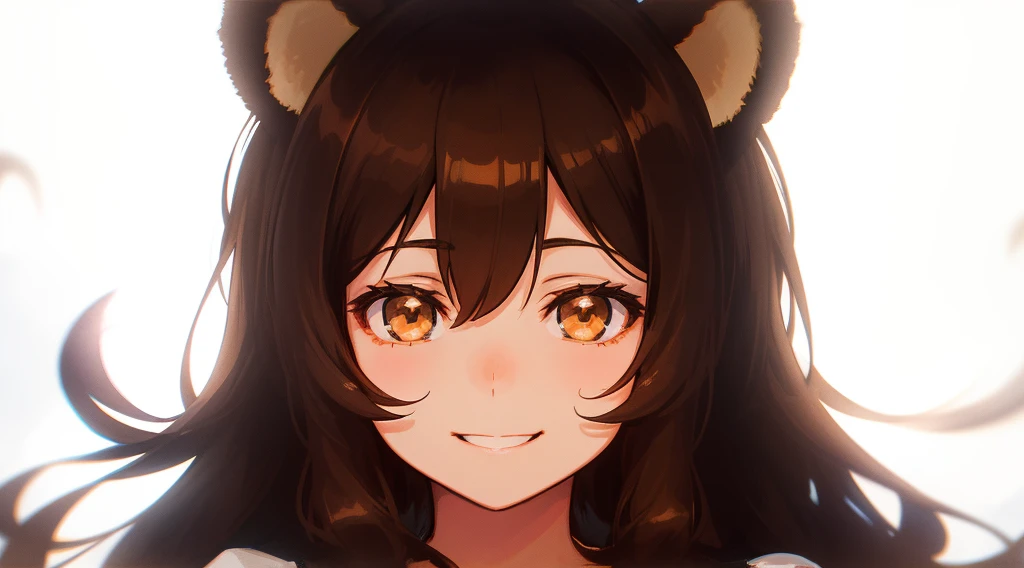 anime girl with brown hair and bear ears, smiling evily into the camera, dark dynamic lighting, high contrast, dark background