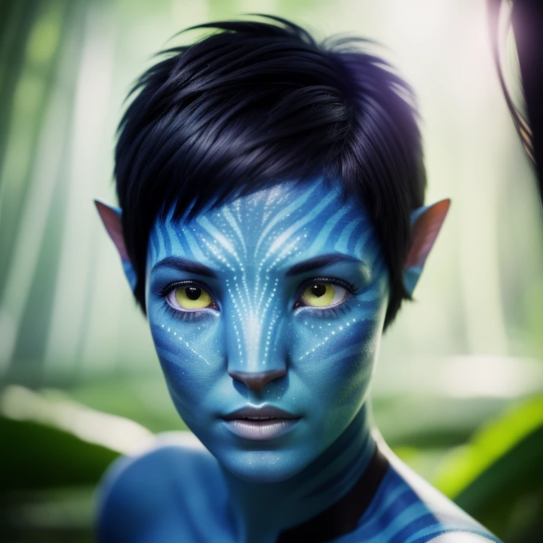 avatar style, portrait:1.6, 1girl, female, (blue skin tone:1.0), (short hair:1.0), one pair of pointy ears:1, pixie cut hairstyle, dark brown hair color, 18 years old:1, face wrinkles, wearing tribal clothing, wearing a top:1, detailed eyes, toned body, muscled body, glowing, ethereal atmosphere, dreamy lighting, otherworldly beauty, (best quality, highres), ultrarealistic, skin details, striped skin, sfw, ultradetailed body, forest background:1, avtr