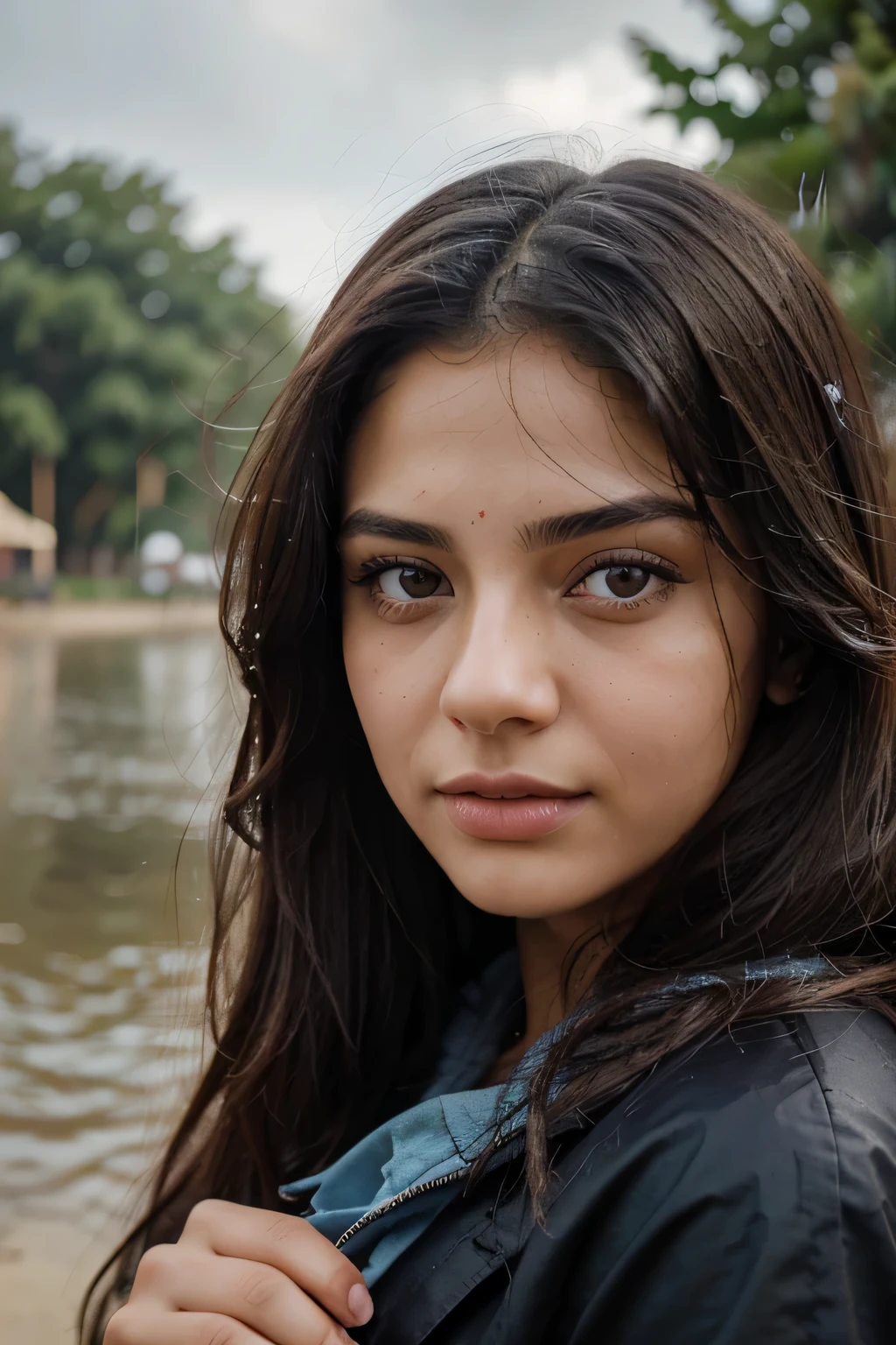 photorealistic portrait of a 21-year-old Arab girl with long, flowing blue hair and striking brown eyes. She should have a natural, approachable expression and be illuminated by soft, golden-hour sunlight. The background should be a scenic outdoor setting, perhaps a sunlit park or beach. Capture this image with a high-resolution photograph using an 85mm lens for a flattering perspective. eyes above the water macro close up , rain, wer face, storm. Easy Nagative, bad-hands-5, bad_prompt_vemsion2, ng_deepngative_vl_75t, bad-image-2v-39000. in the book shop
