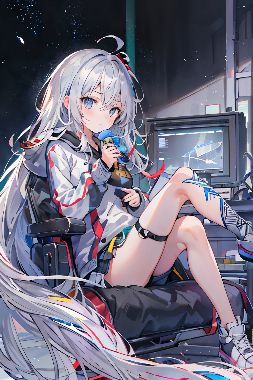sitting on the chair, Perfect female body, 1 girls, 20 years old, long gray hair, white and silver hair, huge ahoge, ^ ^, medium chest circumference, bright skin, oversized clothes, hoodie, short shorts, black background Clothes, open air operations center,