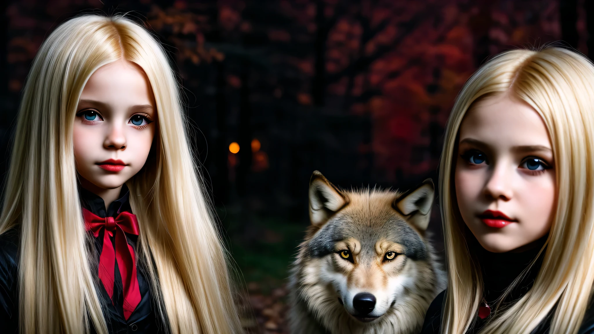 KIDS GIRL vampira com longos cabelos LOIROS e um LOBO.