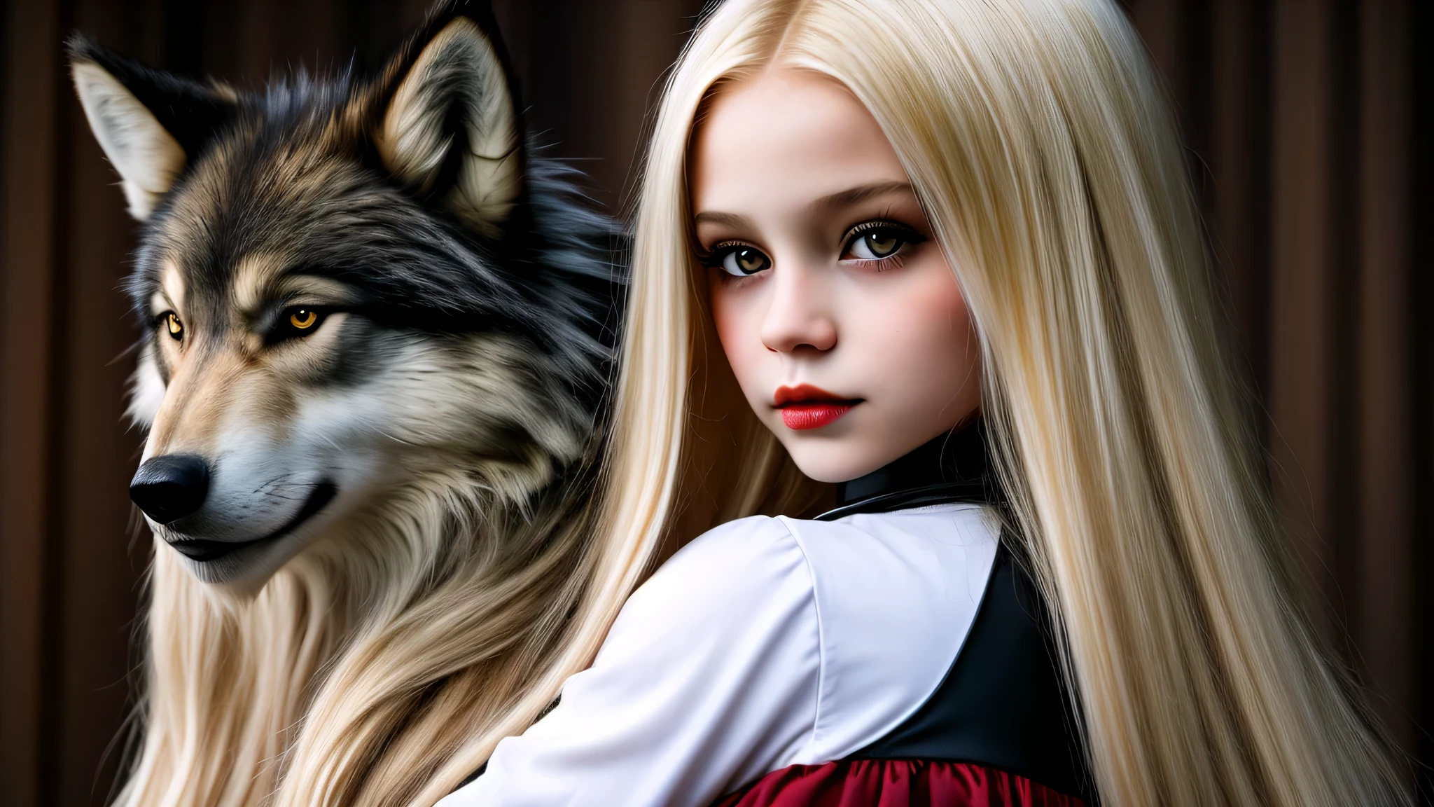 KIDS GIRL vampira com longos cabelos LOIROS e um LOBO.