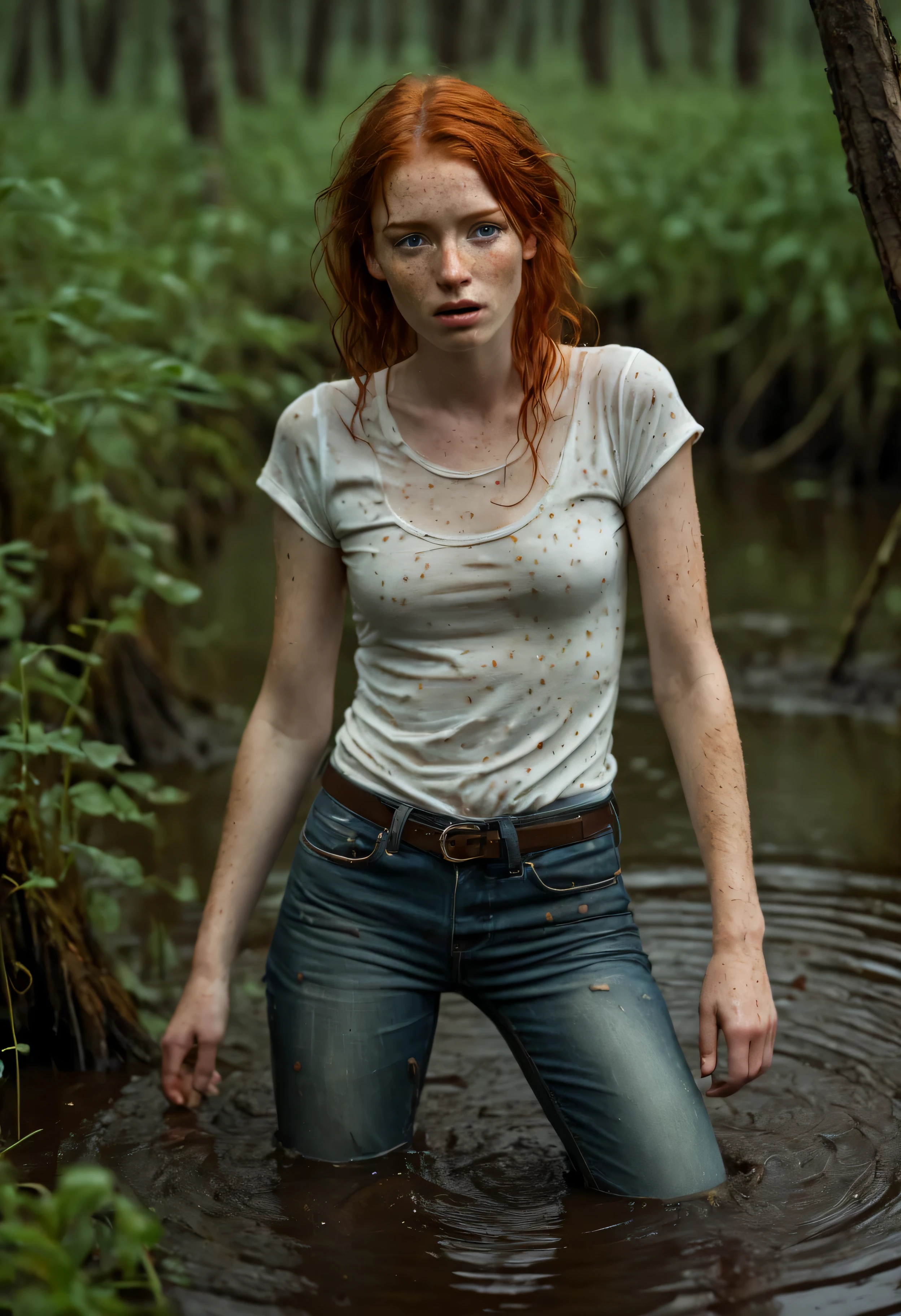 full body drowning,An exquisitely detailed photograph of a graceful red-haired girl with freckles, a scattering of freckles on the dewdrops of a beautiful face, with pointed features, a dreamy look of languid eyes and a slightly open mouth in an expression of euphoria. she is drowning in bog. She's wearing a wet T-shirt, tight-fitting chest, and (dirty muddy unbuttoned:1.3 jeans):1.2, embedded in the muddy bottom of the bog. Among tree stumps and trees entangled in thorny vines, a girl drowns in a dark swamp., desperately clinging to slippery snags with your fingers, but unable to overcome the viscous dno. Her face, thrown back to the sky, expresses a mixture of agony, shame and perverted pleasure from indulging in a dirty fetish.