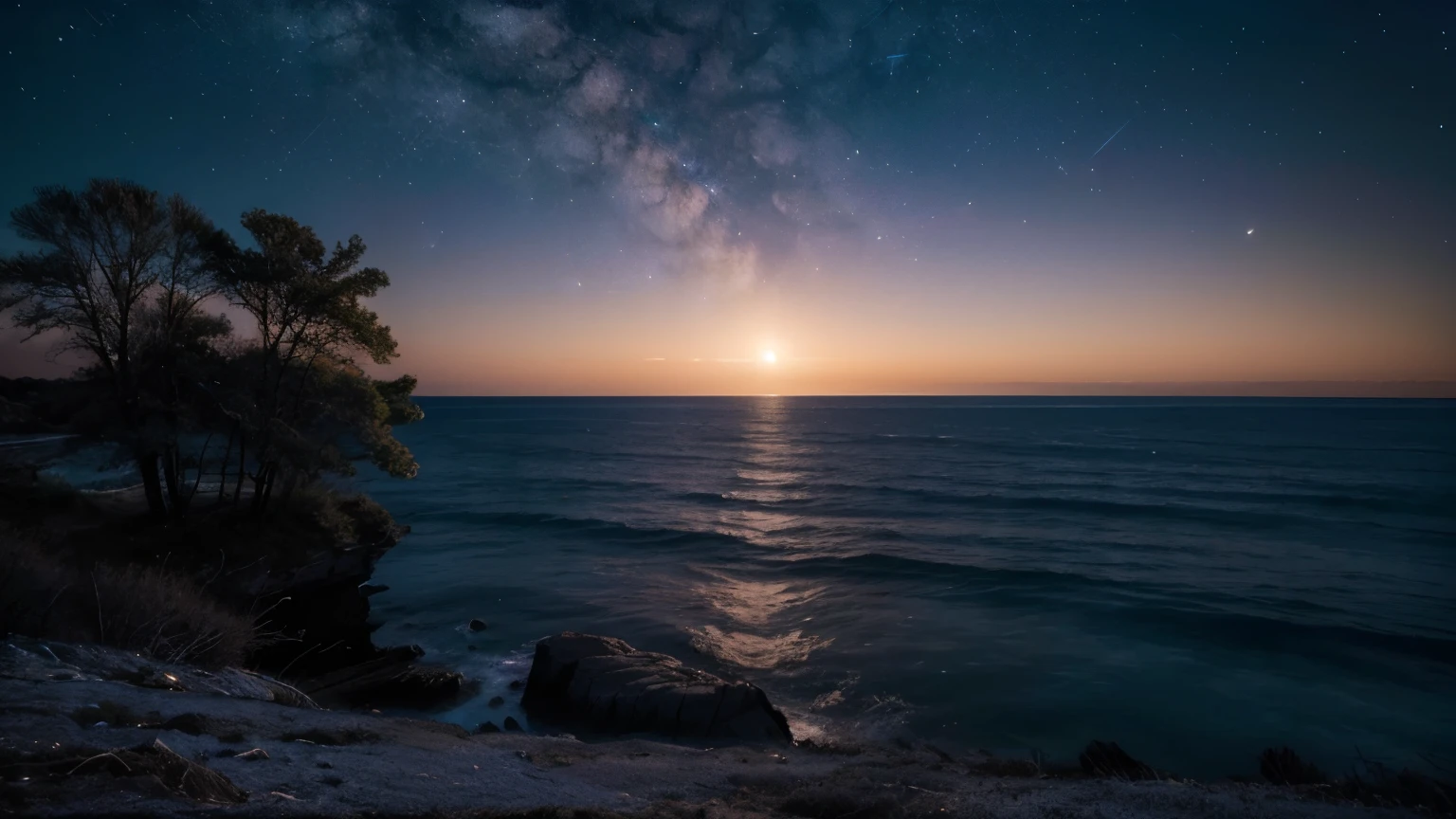 Imagine a starlit night sky, with a crescent moon casting a subtle glow on a tranquil sea. The stars are reflected in the water, creating a feeling of depth and infinity. In the foreground, a silhouette of a lone tree stands resiliently on a cliff, its branches stretching towards the cosmos. The scene is rendered in deep blues, purples, and blacks, evoking a sense of mystery and the vast potential of the unknown. Across the sky in a slightly brighter shade, a simple, inspiring phrase reads: "Dream Beyond the Horizon."