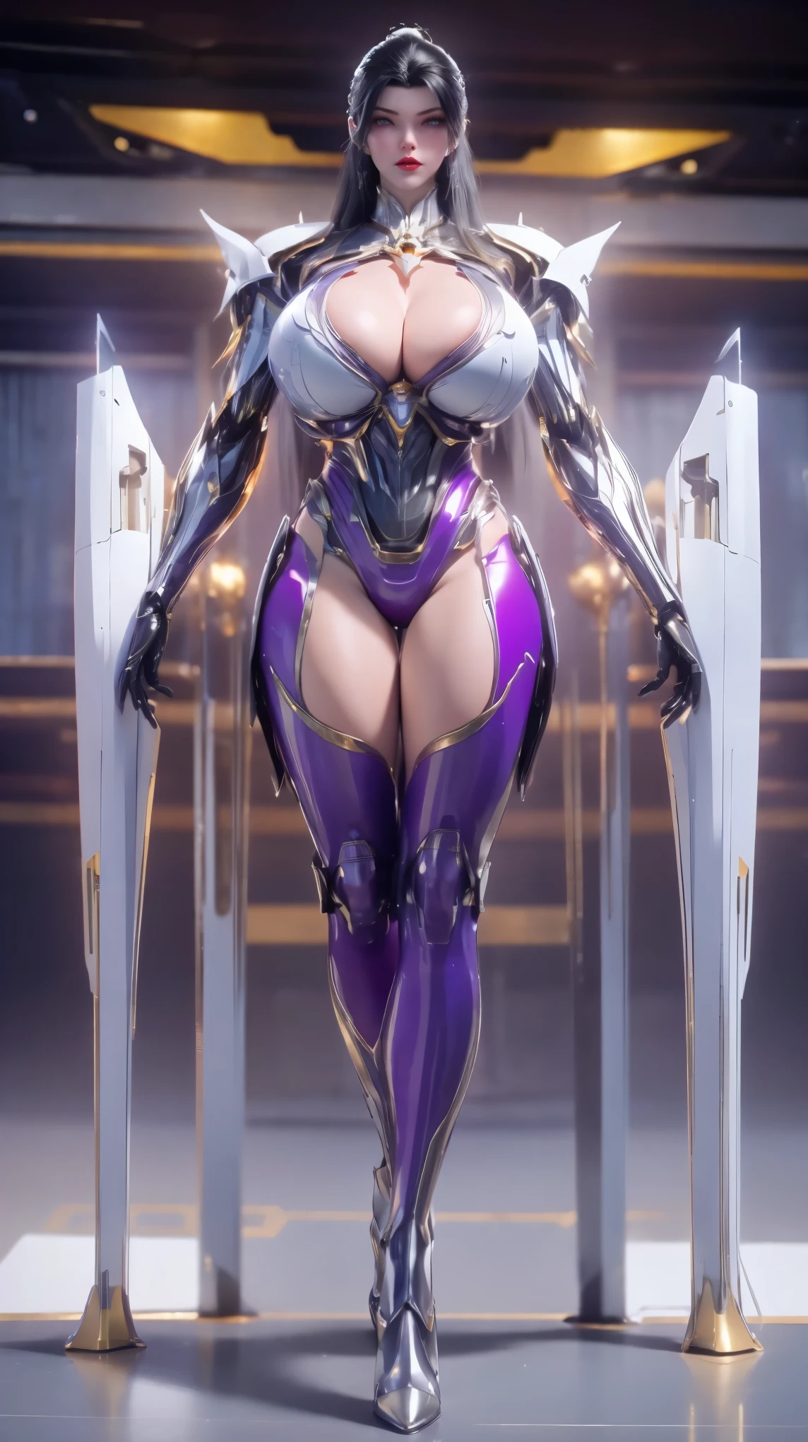 A BEAUTY GIRL, (HYPER-REALISTIC:1.5), (PHOENIX GOLD HELM:1.1), (BIGGER BUTTOCK,HUGE FAKE BREAST:1.5), ((CLEAVAGE:1.5)), (BARE MUSCLE ABS:1.5), (MECHA GUARD ARMS:1.5), (PURPLE SHINY FUTURISTIC MECHA BODY, BLACK MECHA SKINTIGHT LEGGINGS, WHITE MECHA GUARD ARMOR LEGS, HIGH HEELS:1.6), (MUSCULAR BODY, WET OIL SKIN, LONG LEGS:1.1), (LOOKING AT VIEWER:1.3), (FEMALE FOCUS:1), (WALKING ALONE IN ROOM OF FUTURISTIC SPACE STATION:1), (BRIGHT LIGHT WHITE_ROOM:1.3), HYPER TEXTURE, (4X MSAA), ((UNREAL ENGINE 5 RENDER)), PHYSICALLY-BASED RENDERING, ULTRA HIGHT DEFINITION, 16K, 1080P.