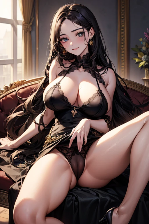 (High resolution), (32K), (very very highly detailed), (Best illustration), (beautiful and delicate eyes), (best quality), (super detailed), (master piece), (Detailed and delicate face), solo,Highly detailed face and skin texture,fine eyes,double eyelid,Spread your legs and use props、 embarrassing smile,shy face、spread legs,high details,Wear pin heels,(dynamic pose),1 girl, black long hair , black eyes, long legs, (camel toe),(((big breasts)))、Exposing genitals without wearing pants,camel's toe,The protruding PUssy ,cocked ass,I grew up sexy、((Sheer dress))、Forehead、best style