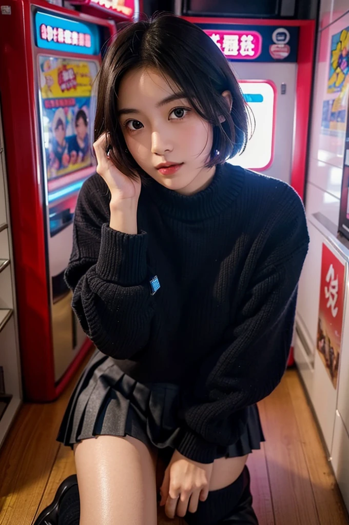 (8k, RAW Photos:1.2),Detailed face and eyes,最high quality, 超A high resolution, Very detailed ,Intricate details ,Tabletop ,pretty girl , Soft cinematic light, Hyper Detail,Sharp focus, high quality,Black-haired, Bobcut,  outside, knit, panties, Peeking from below