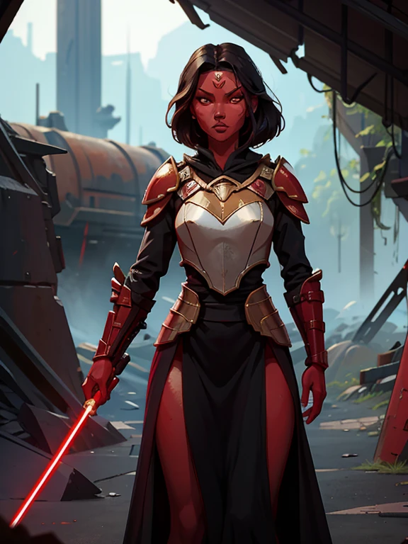 ((Masterpiece)), ((best quality)), ultra detailed,  ((red skin:1.3)), 1woman, (wearing armor over dark robes, black hair, golden eyes, slender body, thin, slim body, slim waist, medium breasts), standing in ruins, standing with one foot on a dead enemy, Star Wars, cinematic lighting , sci-fi city, sfw,