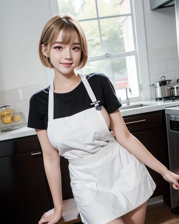 ((18 y.o girl in a apron)), (kpop idol), , dynamic pose, pale skin, (((natural breasts, MEDIUM breasts))), (aegyo sal:1.1), (narrow waist), short white-hair, looking away, smiling, sexy, bangs, in the kitchen , indoors, public, (Bokeh), ultra-detailed, best quality, ultra high res, (NSFW:1.1)