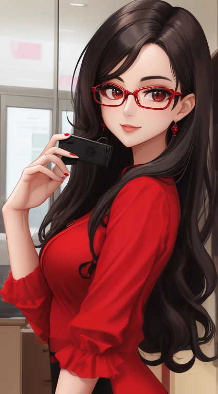 there is a woman with glasses and a red dress holding a cell phone, with glasses, girl with glasses, long wavy black hair and glasses, mulher muito sexy com cabelo preto, with glasses on, selfie de uma jovem, mulher com longos cabelos pretos, thick lens glasses, *********** com olhos verdes, look sexy at the camera, mulher with glasses rosa