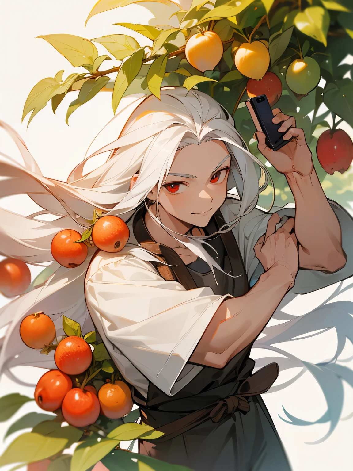 best quality, artwork, Super High Resolution, 1 adult man, farmer, long hair down, white hair, holding a smartphone to the face, fruits farm background, simple farmer clothes, cynical smile, red eyes, dynamic pose, fruits, mature face