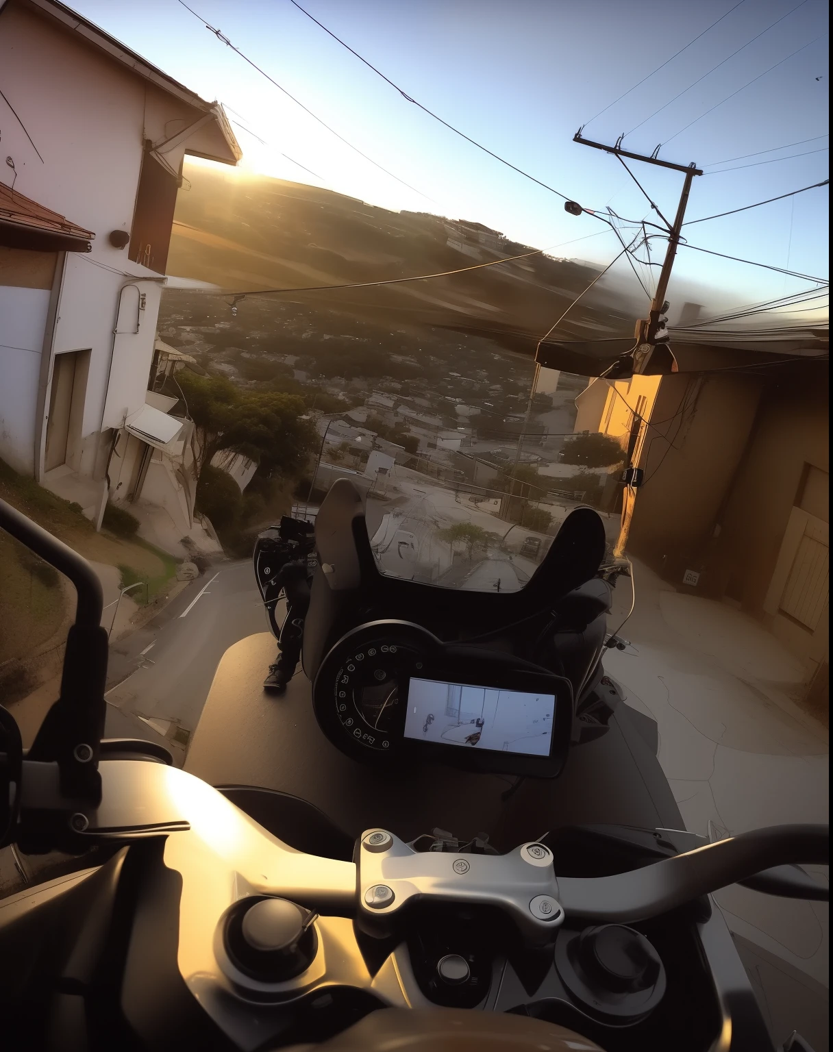 arafed view of a motorcycle driving down a street with a pôr do sol in the background, HDR shot, HDR!, por Manuel Franquelo, HDR, HDR photo, pôr do sol!!!, pôr do sol!, por Matt Stewart, pôr do sol view, foto gopro, tiro em ponto de vista, tiro gopro, por Felipe Device, cavalgando, com uma cidade ao fundo