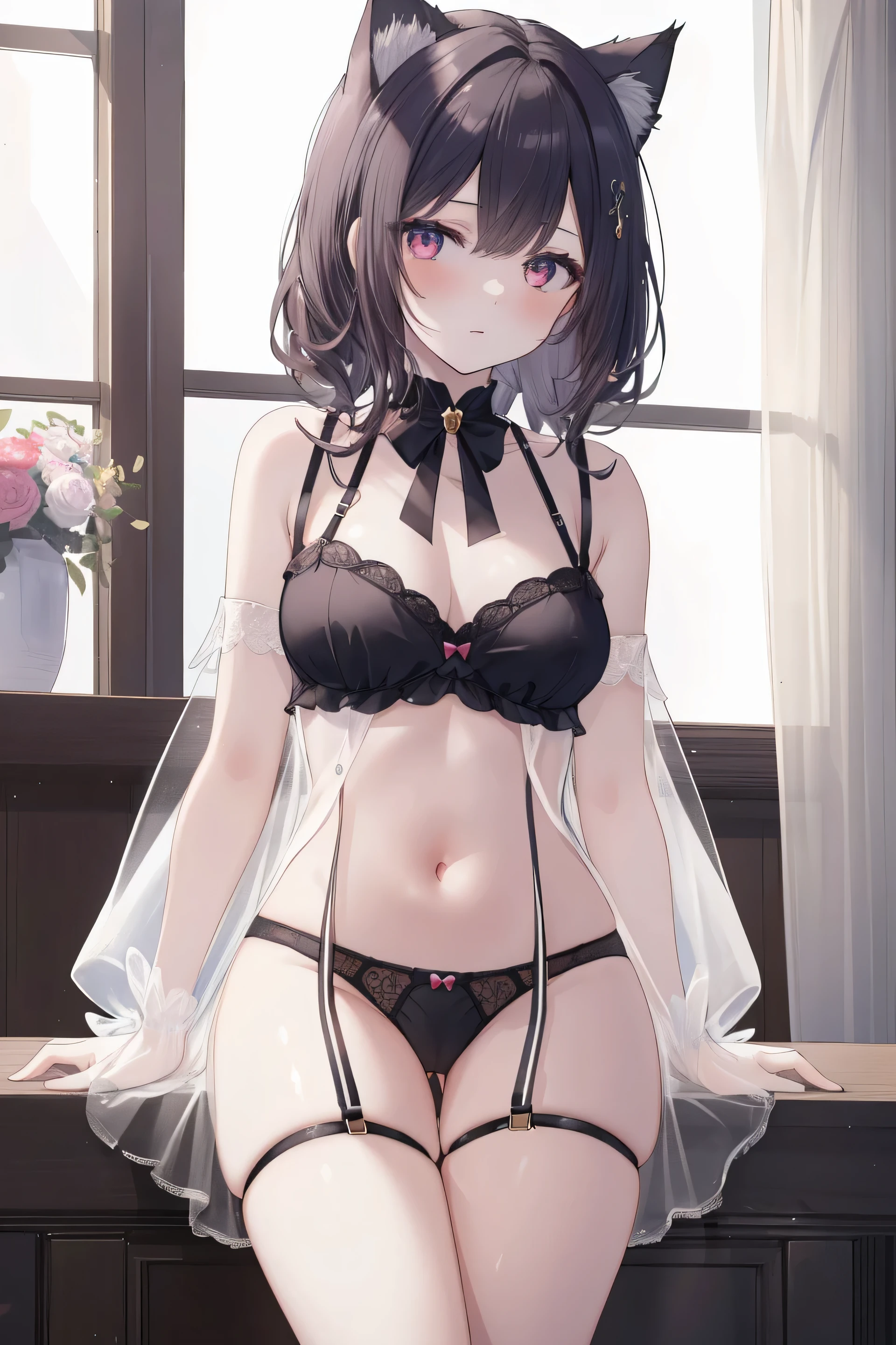 ((masterpiece, highest quality, 8K, High resolution:1.3)), girl, Cat ear, white skin, medium breasts, pointed chest, See through, panty shot,
