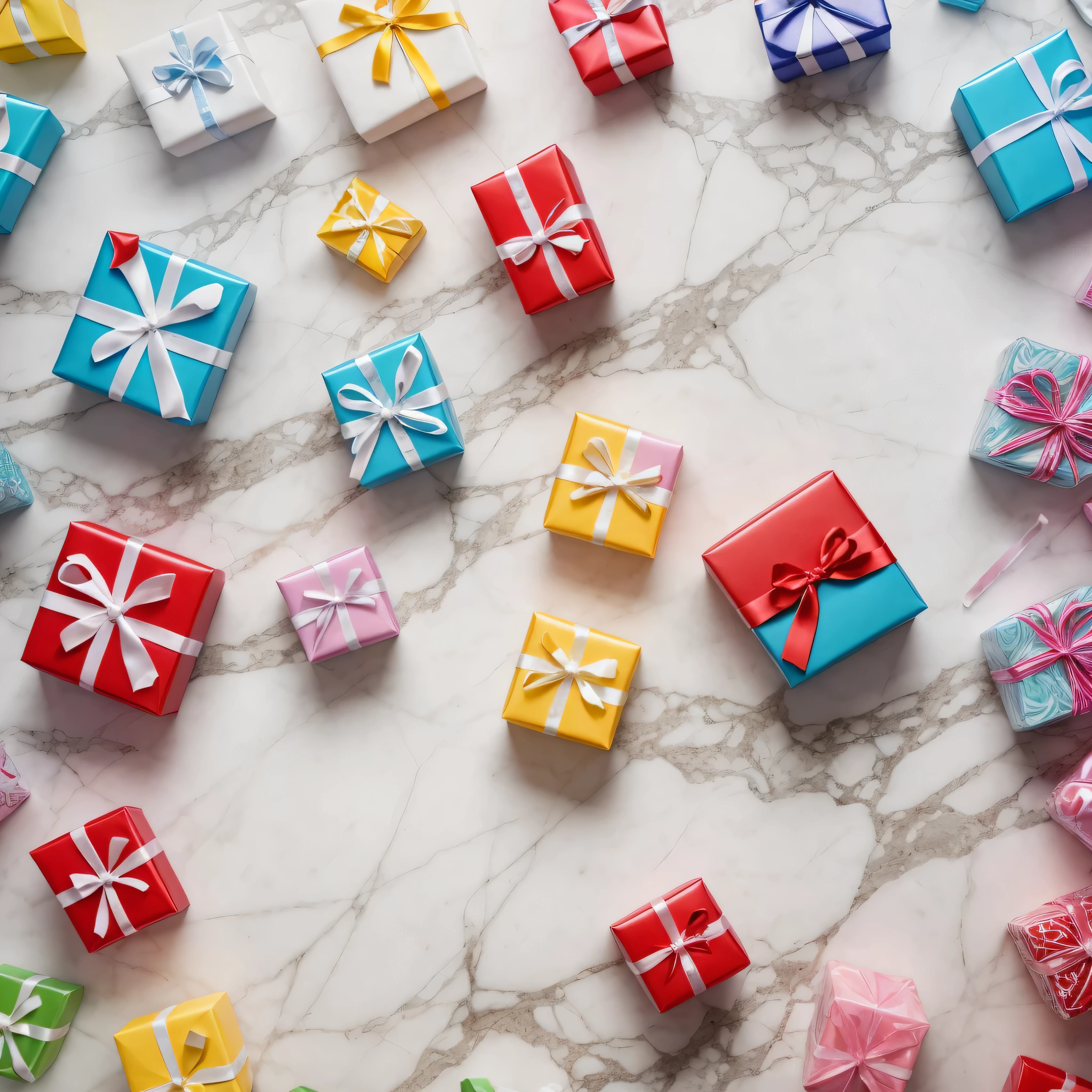 cartoon gifts,clear focus of the gift,many gifts on the marble wall,scattered all over the wall, In Focus, High image detail, focusing, High Quality 8K, high contrast, ultra HD 8Kf/45 mm, ultra HD 8K