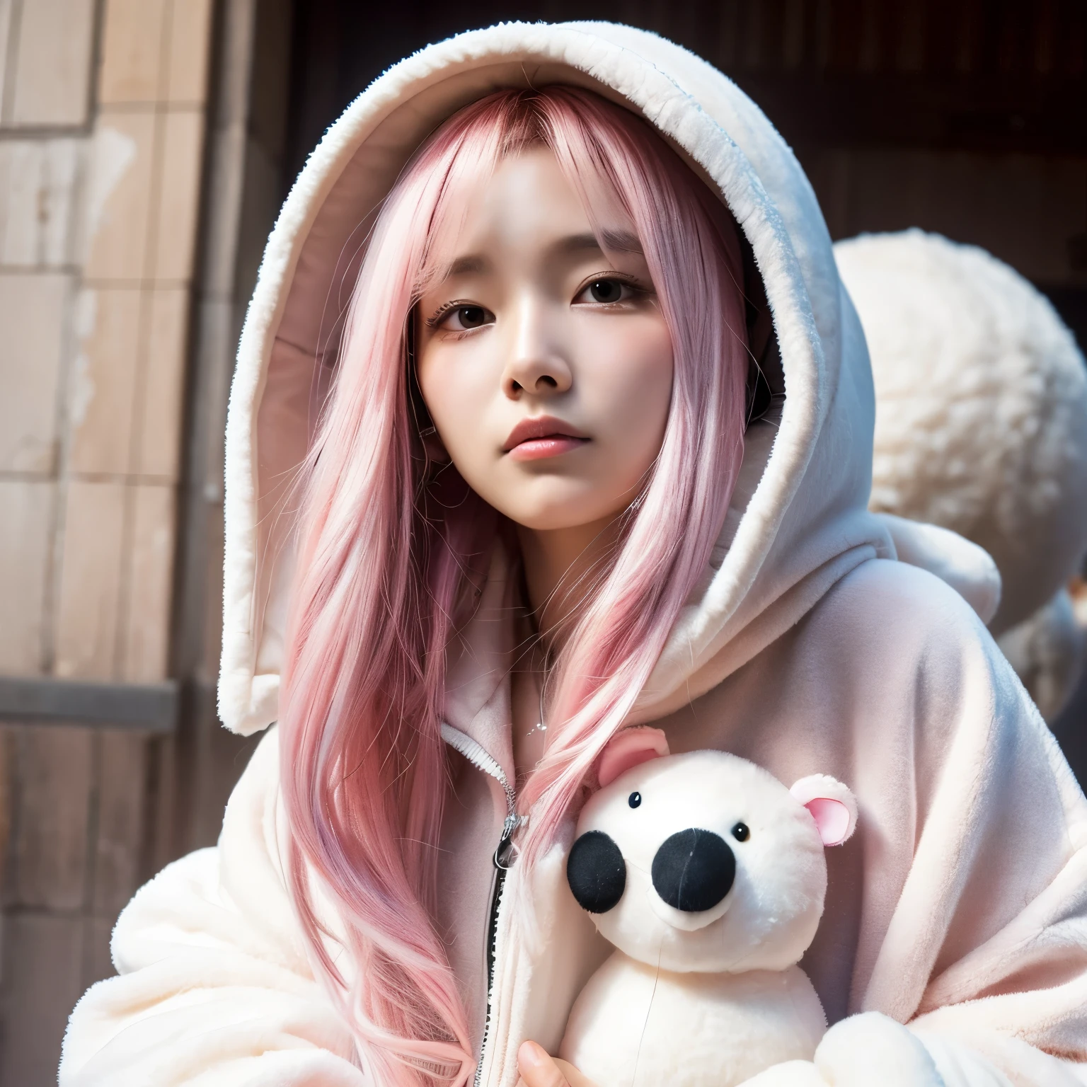High resolution, (official art, beautiful and aesthetic: 1.2), sheep hair、Pink Longhair、hoodie、sloth stuffed animal、crying face、Tears mole