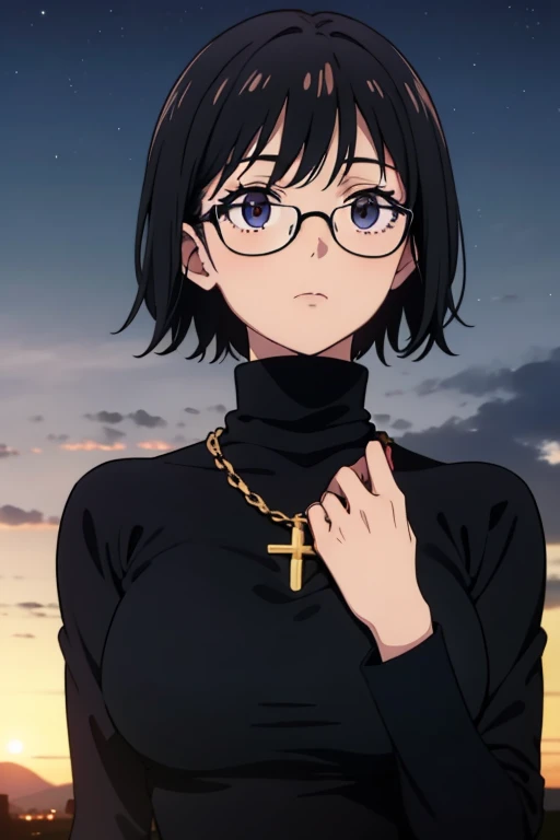 Purple Shizuku, 1 girl, cute, black hair, short hair, Glasses, Expressionless, huge breasts, ((tight black long sleeve turtleneck:1.5)), (Front view, Upper body, looking at the scenery), (masterpiece, High resolution, highest quality, anime color, anime screenshot, 8K, realistic), denim, inverted cross chain necklace, (Perfect detailed anatomy, beautiful and fine eyes&hair, Beautiful detailed body&Clothes), night outdoors