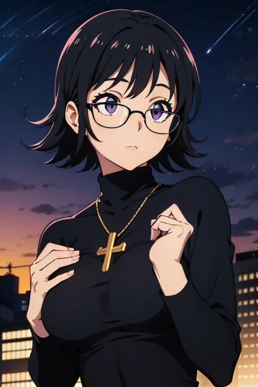 Purple Shizuku, 1 girl, cute, black hair, short hair, Glasses, Expressionless, huge breasts, ((tight black long sleeve turtleneck:1.5)), (Front view, Upper body, looking at the scenery), (masterpiece, High resolution, highest quality, anime color, anime screenshot, 8K, realistic), denim, inverted cross chain necklace, (Perfect detailed anatomy, beautiful and fine eyes&hair, Beautiful detailed body&Clothes), night outdoors