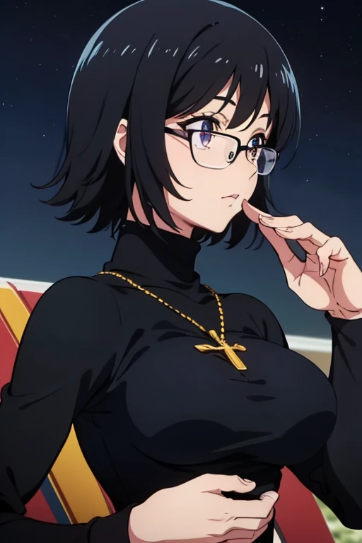 Purple Shizuku, 1 girl, cute, black hair, short hair, Glasses, Expressionless, huge breasts, ((tight black long sleeve turtleneck:1.5)), (Front view, Upper body, looking at the scenery), (masterpiece, High resolution, highest quality, anime color, anime screenshot, 8K, realistic), denim, inverted cross chain necklace, (Perfect detailed anatomy, beautiful and fine eyes&hair, Beautiful detailed body&Clothes), night outdoors